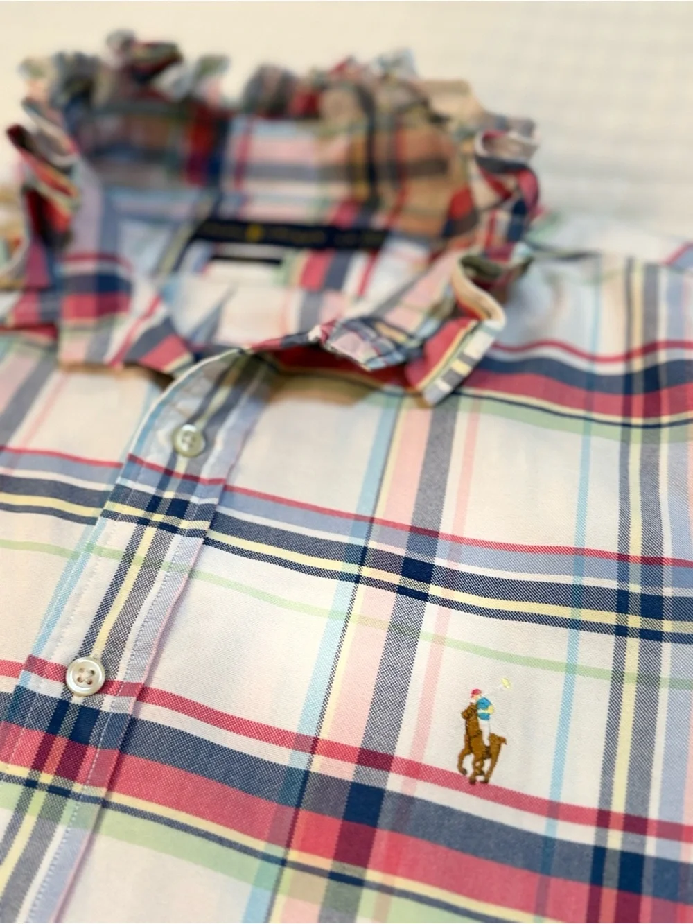 Upcycled Polo by Ralph Lauren Pastel Pink & Blue Plaid Button-Down Crop Shirt - Picture 4 of 9